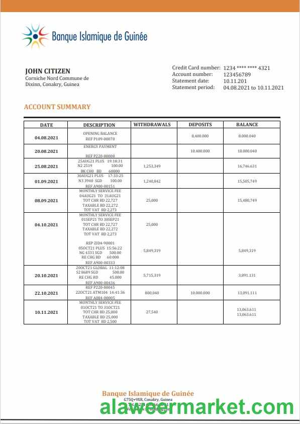 Guinea Banque Islamique de Guinée proof of address bank statement template in Word and PDF format